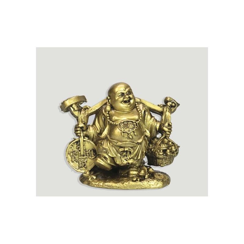 Buda Dorado Sonriente cuenco  y monedas iching (resina. 11 cm)